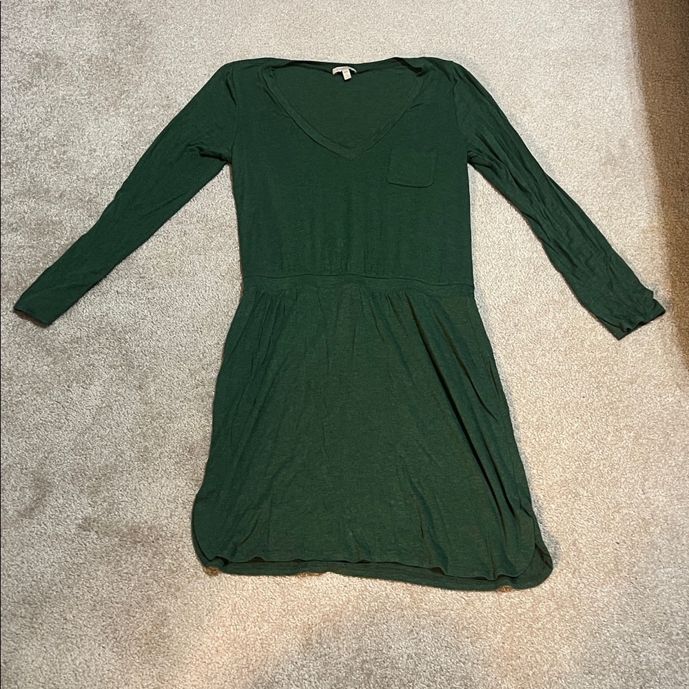 Long-Sleeve V-Neck Mini Dress in Dark Green